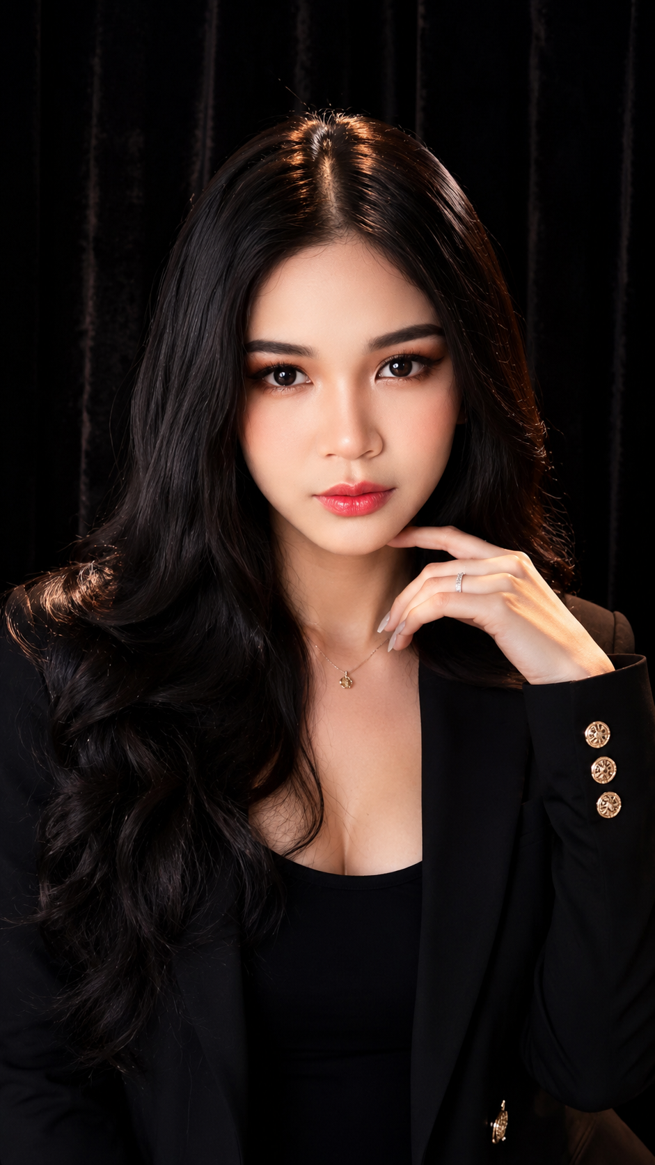 นางแบบลุคสูทดำแต่งหน้าหรูสุขุมบนฉากกำมะหยี่สีดำ