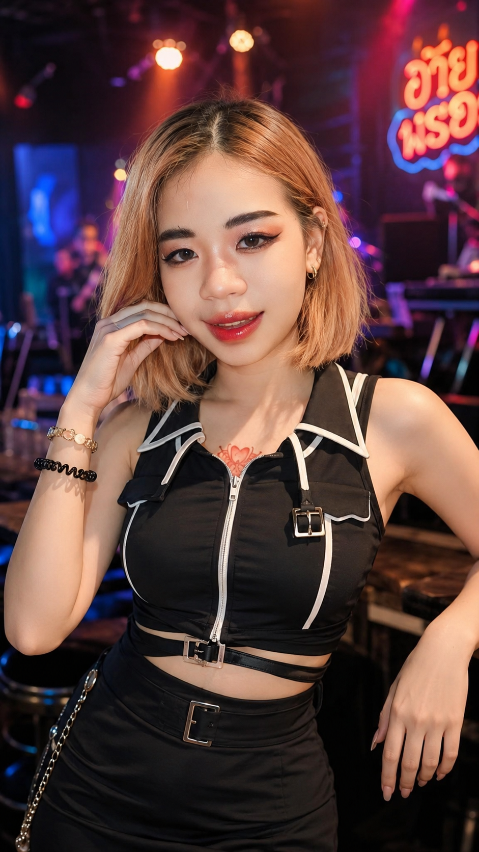นางแบบแต่งหน้าลุคกลางคืนในบรรยากาศแสงนีออนและชุดสีดำ